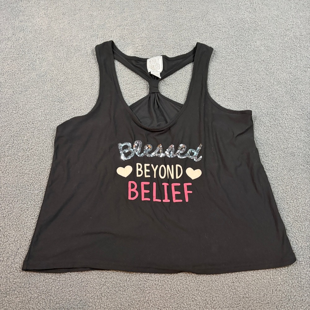 Mentally Exhausted Tank Top Womens 2X Black Blessed Beyond Belief Sequin T-Back